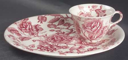 English Chippendale Red Pink Snack Plate & Cup Set