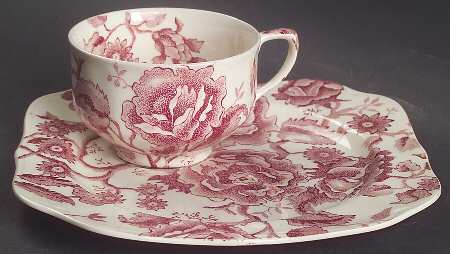 English Chippendale Red Pink Snack Plate & Cup Set