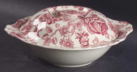 English Chippendale Red Pink Round Covered Vegetable