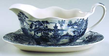 Enchanted Garden Blue Gravy Boat & Underplate/Relish by Johnson Brothers