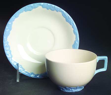 English Oak (Light Blue Embossed Edge) Flat Cup & Saucer Set
