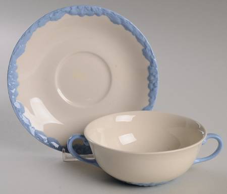 English Oak (Light Blue Embossed Edge) Flat Cream Soup Bowl & Saucer Set