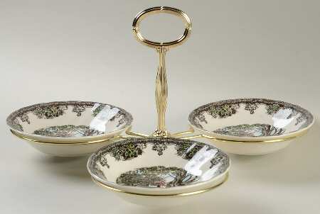 Friendly Village, The ("Made in England" Backstamp) 7" x 12" 3-Part Relish & Metal Stand (FR) HC