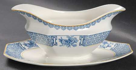 Geneva Blue and White Gravy Boat with Attached Underplate
