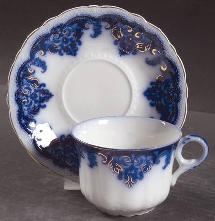 Georgia (Flow Blue, Gold Trim) Flat Cup & Saucer Set