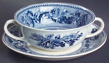 Historic America Blue Flat Cream Soup Bowl & Saucer Set