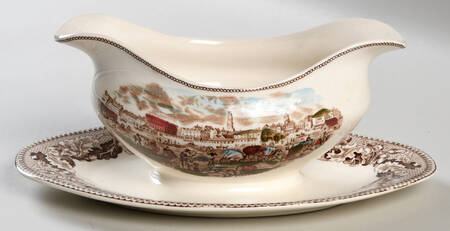 Historic America Brown Multicolor Gravy Boat with Attached Underplate