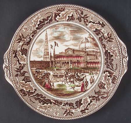 Historic America Brown Multicolor Handled Cake Plate