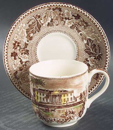 Historic America Brown Multicolor Footed Demitasse Cup & Saucer Set