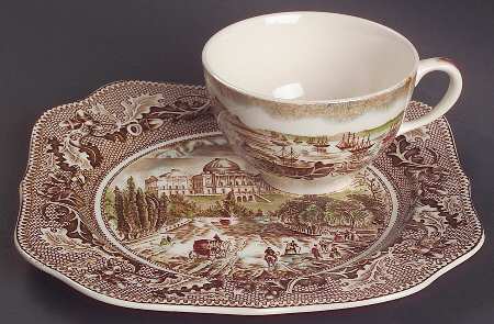 Historic America Brown Multicolor Snack Plate & Cup Set