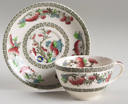 Indian Tree (Green Key, Cream-Off White) Flat Cup & Saucer Set