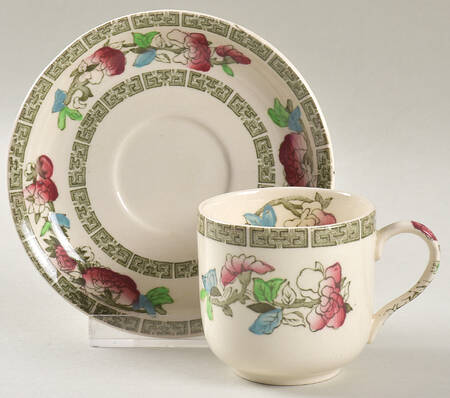 Indian Tree (Green Key, Cream-Off White) Flat Demitasse Cup & Saucer Set by Johnson Brothers