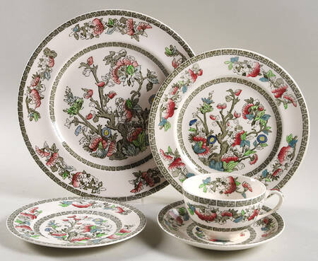 Indian Tree (Green Key, Cream-Off White) 5 Piece Place Setting