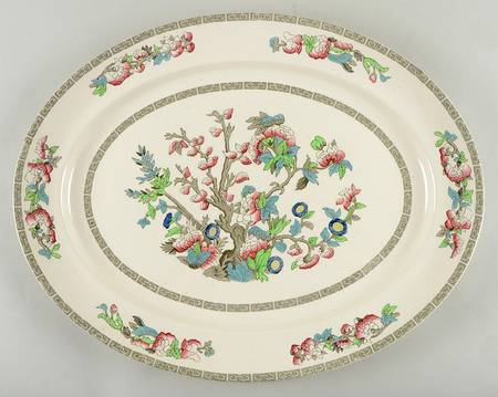 Indian Tree (Green Key, Cream-Off White) 20" Oval Serving Platter