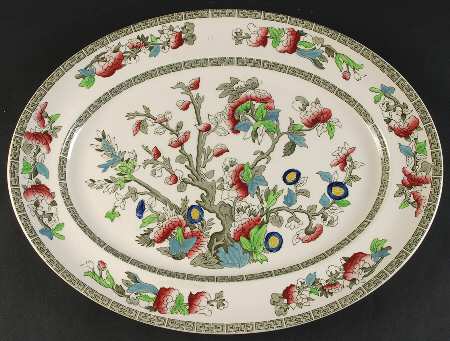 Indian Tree (Green Key, Cream-Off White) 15" Oval Serving Platter