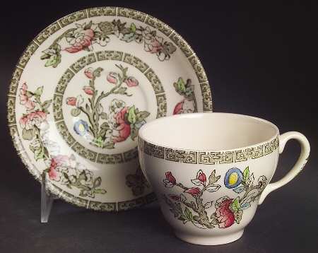 Indian Tree (Green Key, Cream-Off White) Flat Cup & Saucer Set by Johnson Brothers