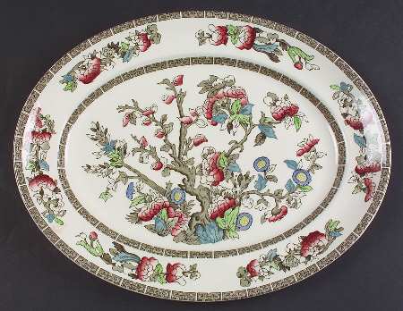Indian Tree (Green Key, Cream-Off White) 12" Oval Serving Platter