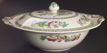 Indian Tree (Green Key, Cream-Off White) Round Covered Vegetable by Johnson Brothers