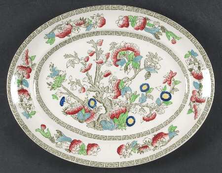 Indian Tree (Green Key, Cream-Off White) 11" Oval Serving Platter