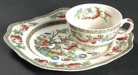 Indian Tree (Green Key, Cream-Off White) Snack Plate & Cup Set