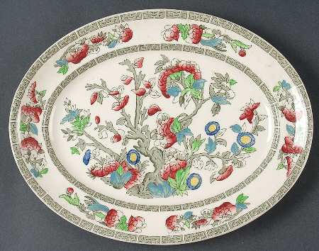 Indian Tree (Green Key, Cream-Off White) 10" Oval Serving Platter