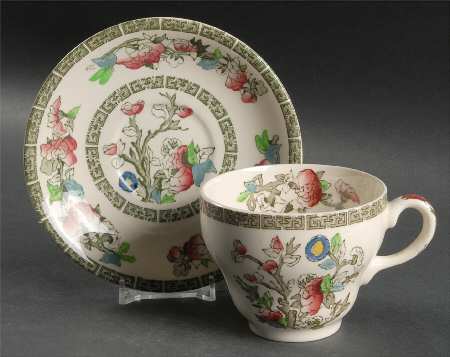 Indian Tree (Green Key, Cream-Off White) Flat Cup & Saucer Set