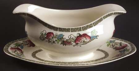Indian Tree (Green Key, Cream-Off White) Gravy Boat with Attached Underplate by Johnson Brothers
