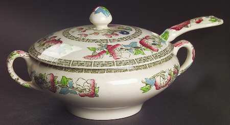 Indian Tree (Green Key, Cream-Off White) Sauce Boat & Lid with Ladle