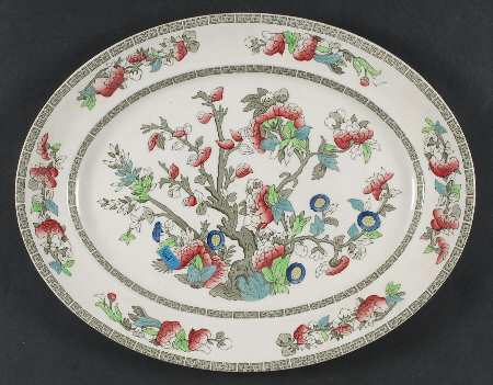 Indian Tree (Green Key, Cream-Off White) 14" Oval Serving Platter