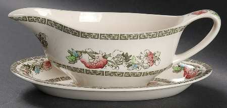 Indian Tree (Green Key, Cream-Off White) Gravy Boat & Underplate/Relish by Johnson Brothers