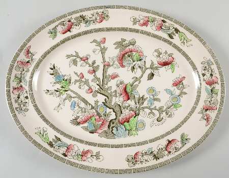 Indian Tree (Green Key, Cream-Off White) 13" Oval Serving Platter