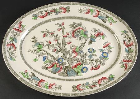 Indian Tree (Green Key, Cream-Off White) 17" Oval Serving Platter by Johnson Brothers