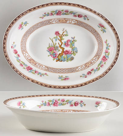 Indian Tree (Brown Key, White) 9" Oval Vegetable Bowl