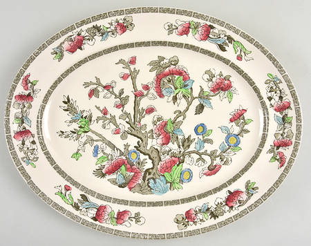 Indian Tree (Green Key, Paper White) 14" Oval Serving Platter