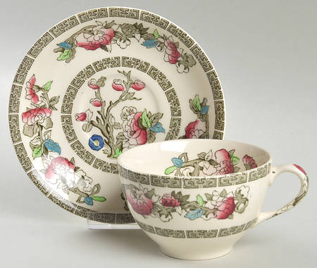 Indian Tree (Green Key, Paper White) Flat Cup & Saucer Set