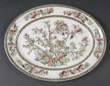Indian Tree (Green Key, Paper White) 12" Oval Serving Platter