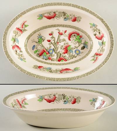 Indian Tree (Green Key, Paper White) 9" Oval Vegetable Bowl