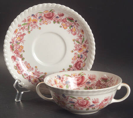 Margaret Rose Pink Multicolor Flat Cream Soup Bowl & Saucer Set