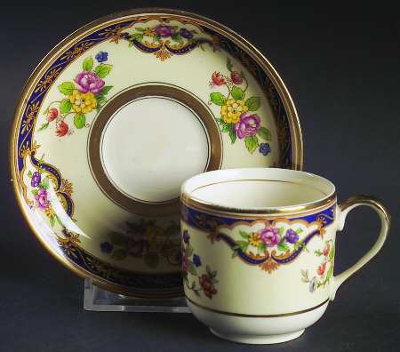 Mayfair (Floral Center, Gold Trim) Flat Demitasse Cup & Saucer Set