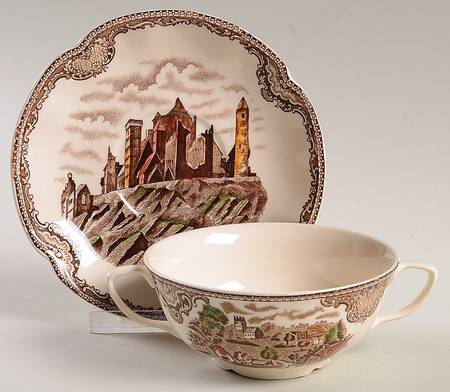 Old Britain Castles Brown Multicolor Footed Cream Soup Bowl & Saucer Set