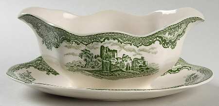 Old Britain Castles Green Gravy Boat with Attached Underplate