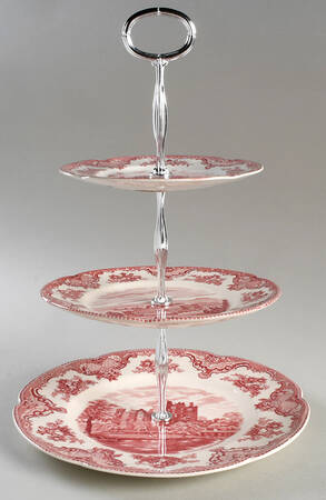 Old Britain Castles Pink (No Crown Made England) 13 7/8"-14 1/4" 3-Tiered Serving Tray(DP,SP,BB) HC