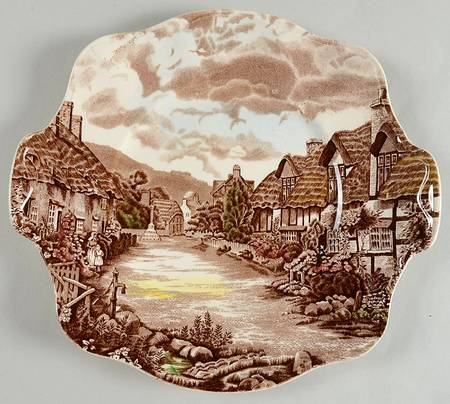 Olde English Countryside Brown Multicolor Square Handled Cake Plate