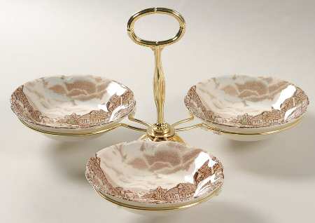 Olde English Countryside Brown Multicolor 7" x 12" 3-Part Relish & Metal Stand (FR) HC