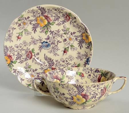 Old English Chintz Lavender Multicolor (Sovereign) Flat Cream Soup Bowl & Saucer Set