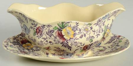 Old English Chintz Lavender Multicolor (Sovereign) Gravy Boat with Attached Underplate