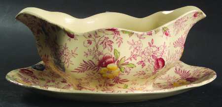 Old English Chintz Pink Multicolor Gravy Boat with Attached Underplate