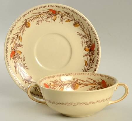 Old English Clover Brown Multicolor Flat Cream Soup Bowl & Saucer Set