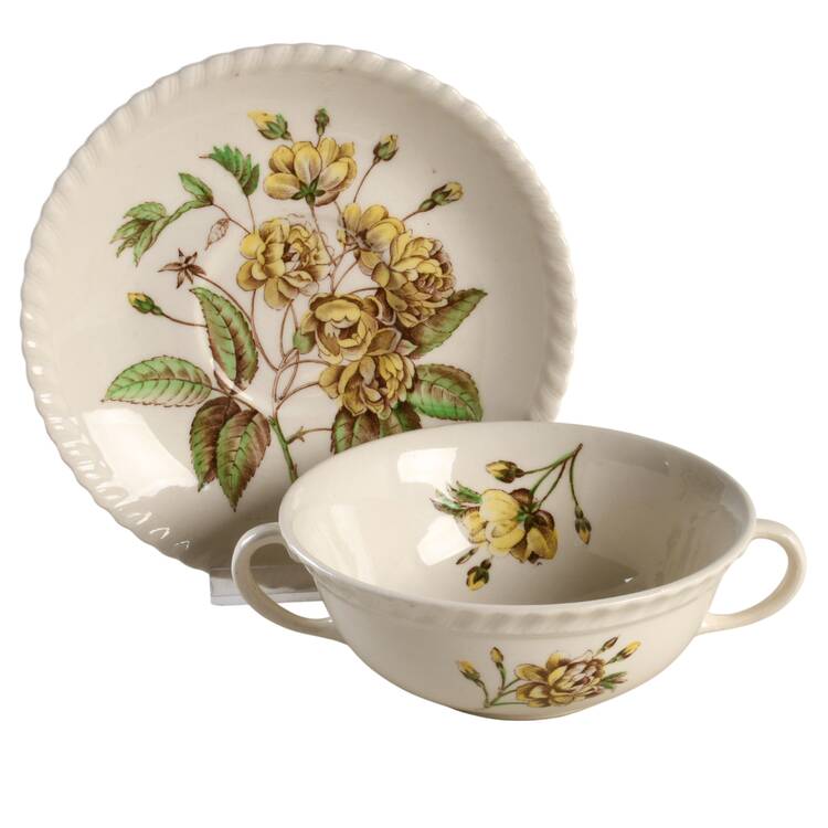 Old Flower Prints Flat Cream Soup Bowl & Saucer Set