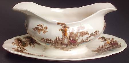 The Old Mill Brown Multicolor Gravy Boat with Attached Underplate